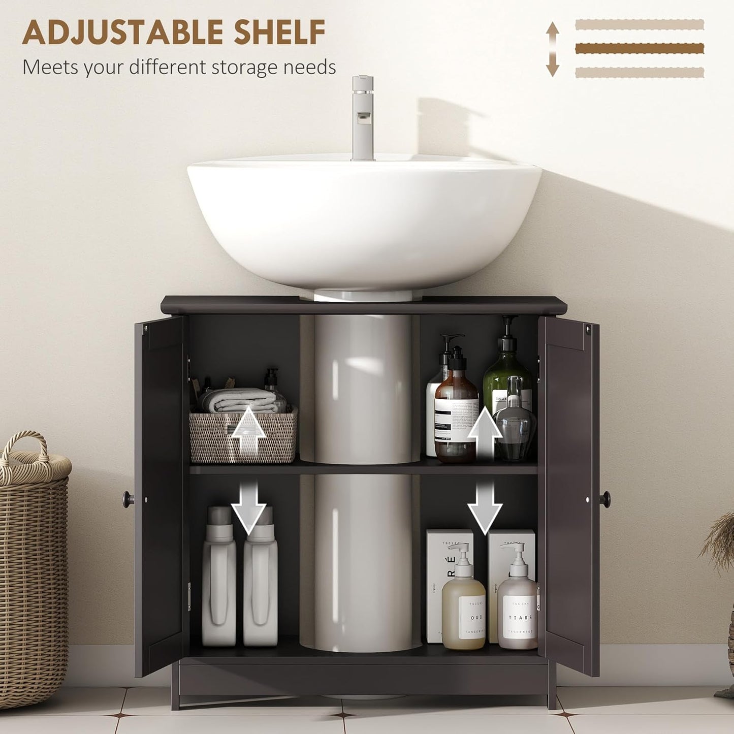 HOMCOM Under Sink Bathroom Cabinet, Pedestal Sink Storage Cabinet with 2 Doors, Shelf and U-Shape, Coffee