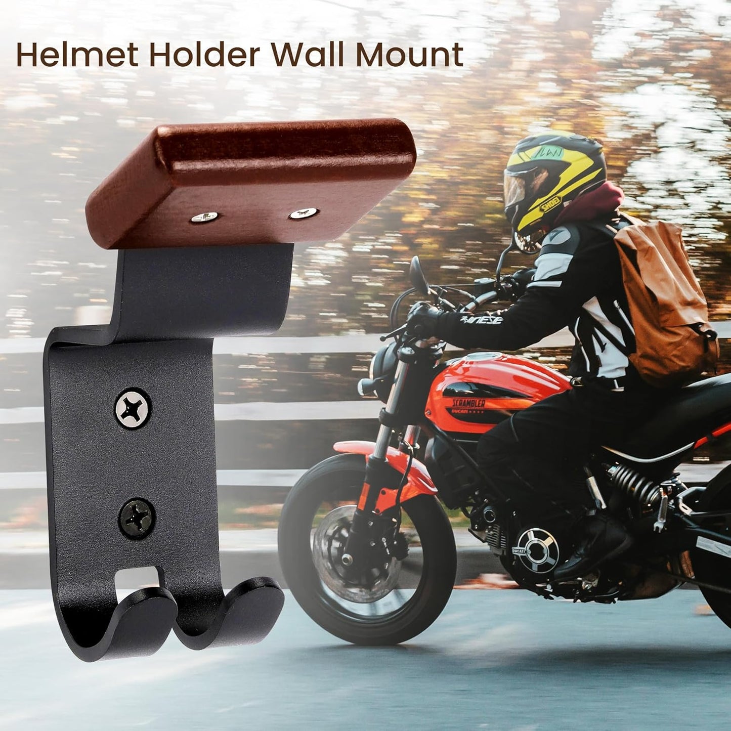 Motorcycle Helmet Holder Wall Mount - Solid Wood & Steel Gear Organizer Rack with 2 Hooks, Heavy Duty Display Hanger for Helmets, Football Gear, Ski Equipment, Hats, Jackets