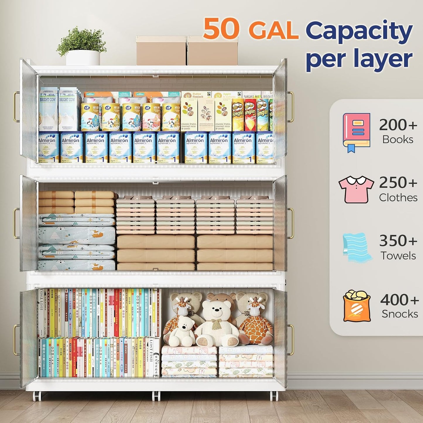 150GAL Extra Large Storage Bins with Lid, 600QT Collapsible Organizer with Wheels, Stackable Closet Cabinet with Doors, Folding Storage Containers for Home, Office, Kitchen, 3Pack White