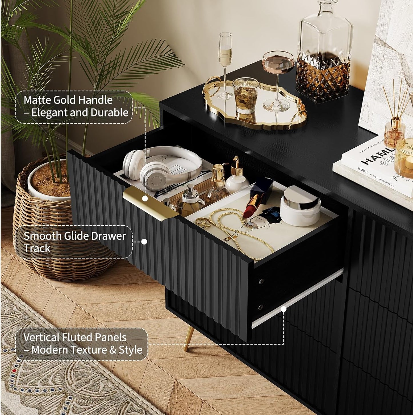 Garvee Fluted Dresser for Bedroom with 6 Drawers,47" Wide Modern Chest of Wooden Bedroom Chest with Metal Handle,Clothes Storage Organizer,Closet Dresser & TV Stand for Living Room,Hallway,6&Black