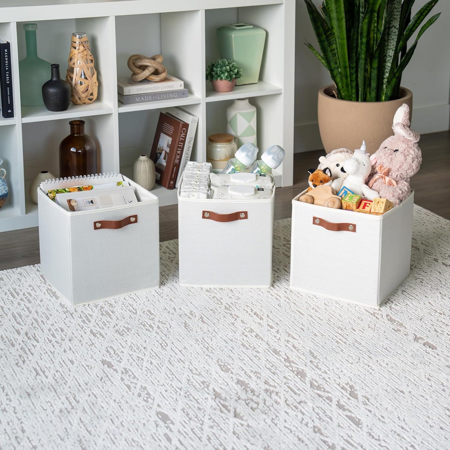 OrganiHaus 11" x 11" x 11" Fabric Cubes Storage Bins Set of 4, Foldable Collapsible Fabric Storage Bins for Organizer, Toy Organizer for Kallax, 11 Inch Linen Cube Shelf Baskets - White