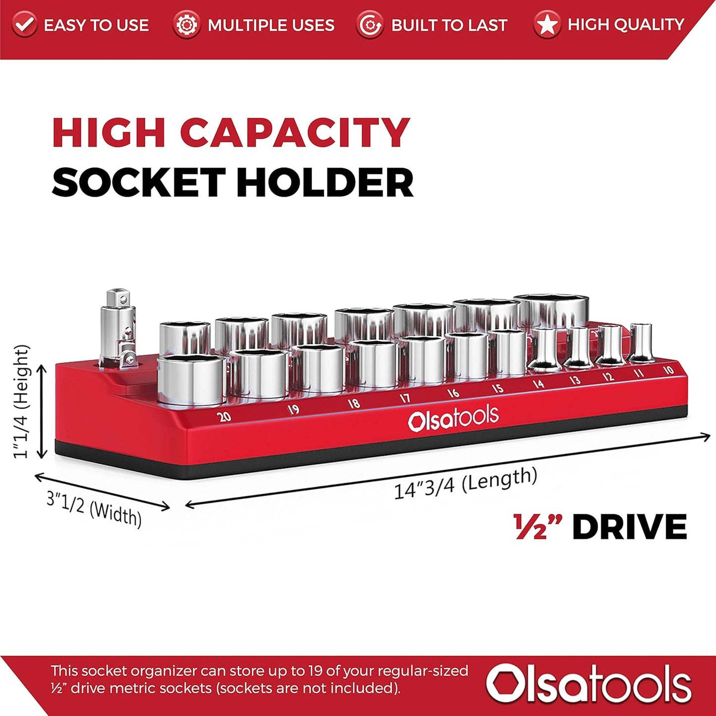 Olsa Tools Magnetic Socket Holder - 1/2-Inch Drive - Metric - Red - Holds 19 Sockets - Professional Quality Organizer - Part: 1299