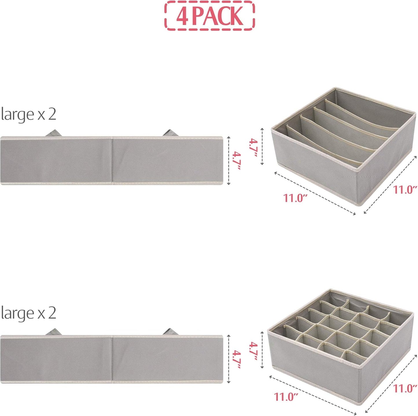 DIOMMELL Set of 4 Foldable Cloth Storage Box Closet Dresser Drawer Organizer Fabric Baskets Bins Containers Divider for Clothes Underwear Bras Socks Lingerie Clothing, Grey 22-0000