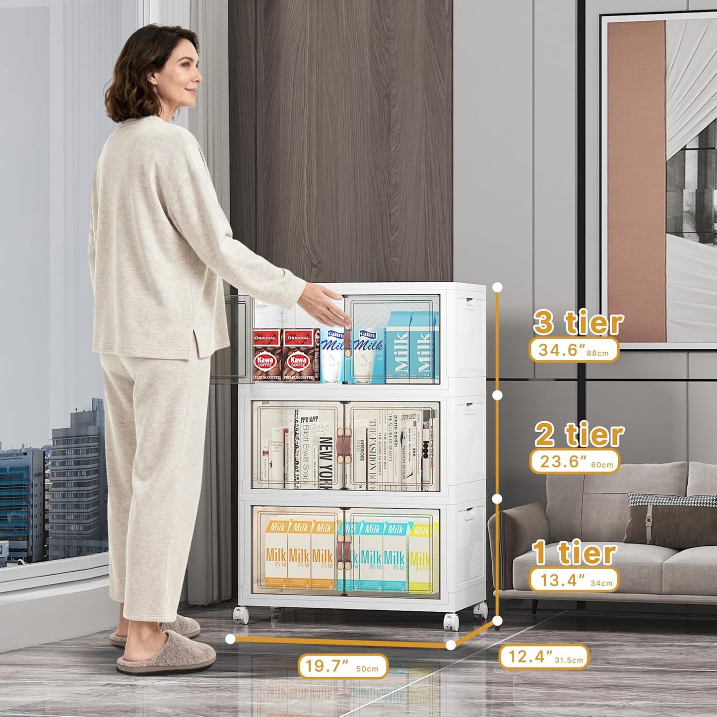Extra Large Stackable Storage Bins with Lids & Wheels & Door, 312QT-52QT/13GAL*6Pack Foldable Collapsible Closet Organizers, Plastic containers Drawers for Bedroom Dorm