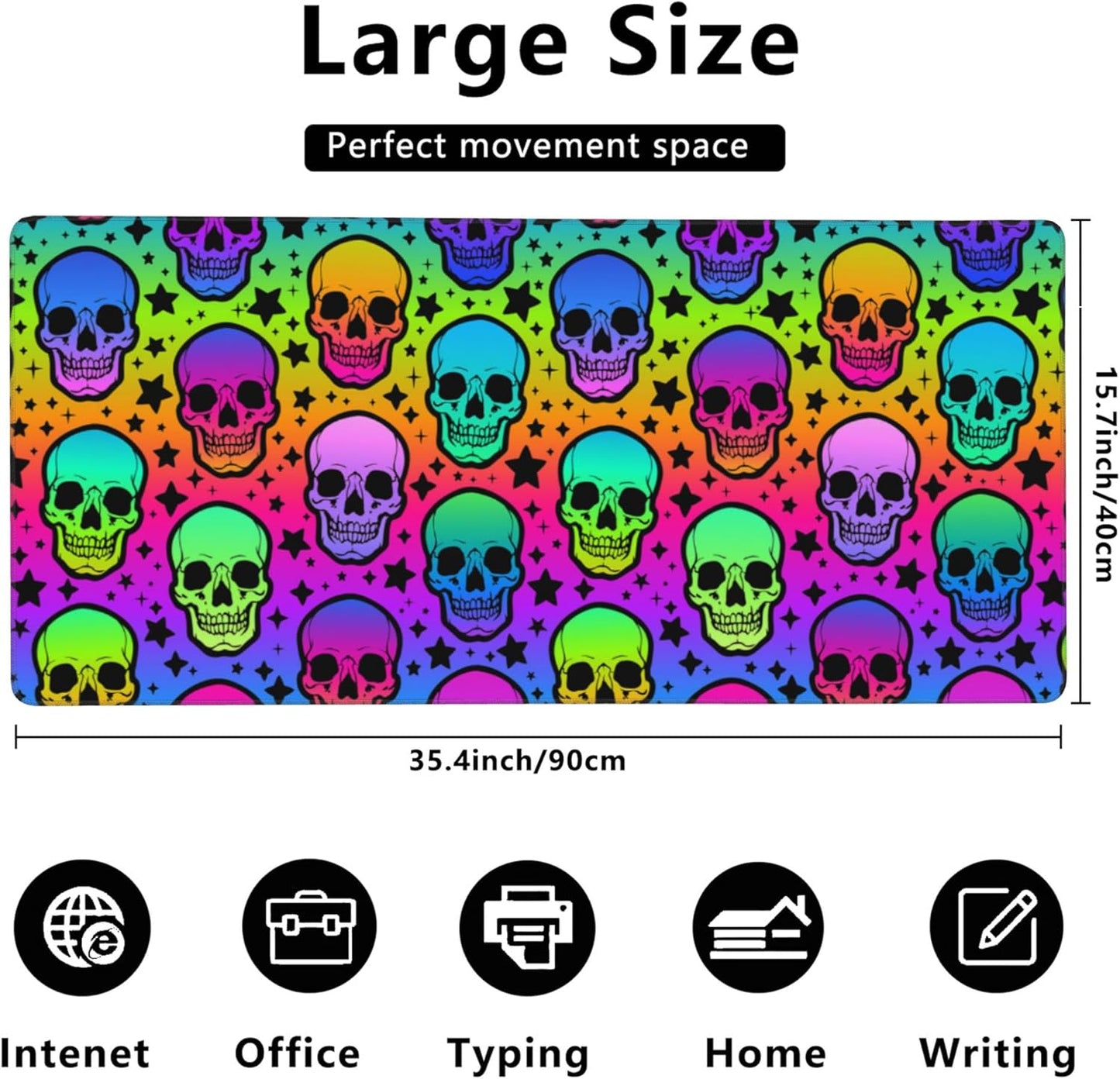 Desk Mat,Neon Skulls and Stars Extended Gaming Mouse Pad,Large Non-Slip Rubber Base Mousepad with Stitched Edges,Waterproof Mouse Mat Desk Pad for Office Game Home 35.4x15.75 in