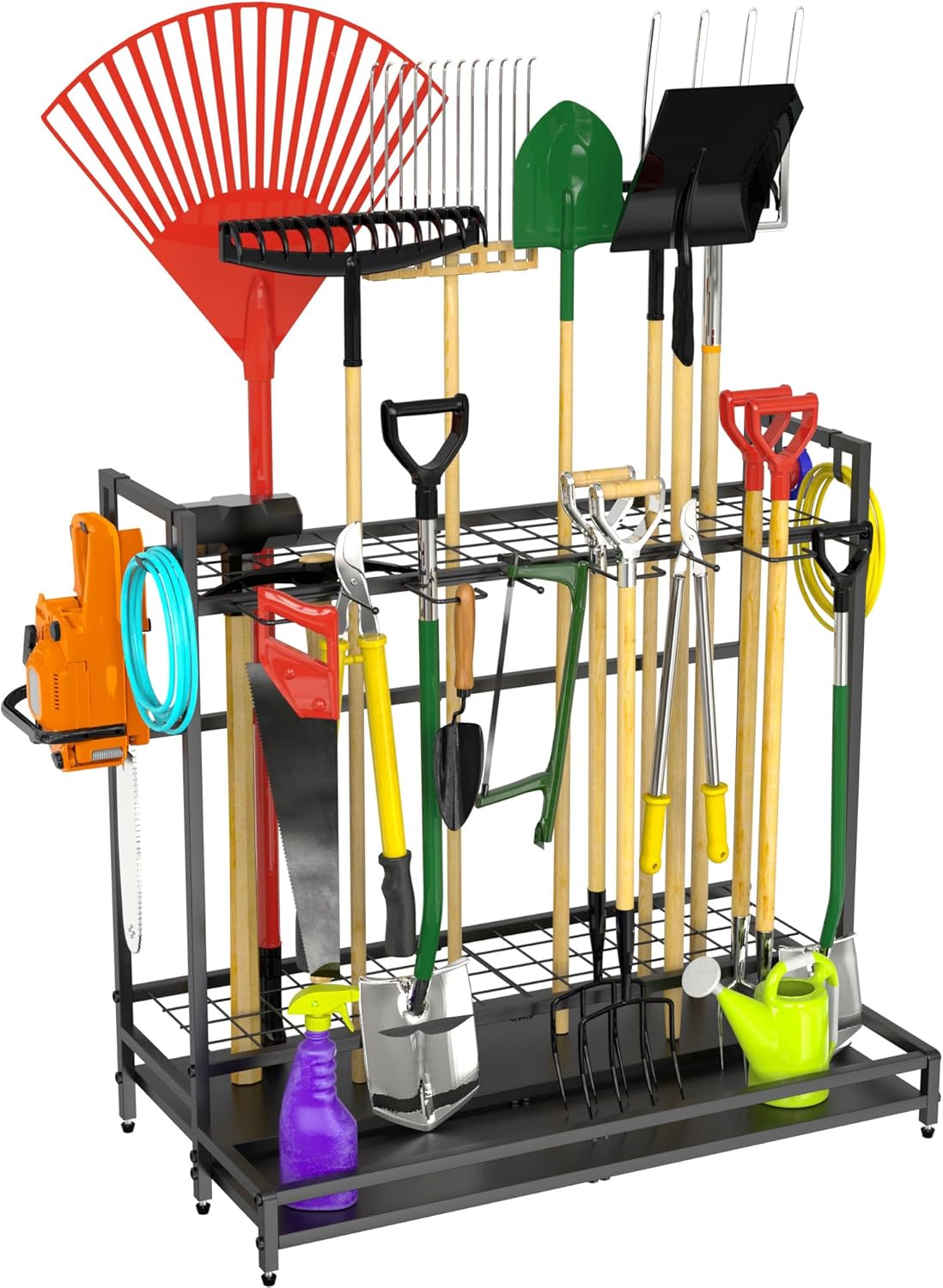 Garden Tool Organizer for Garage, Yard Tool Rack, Holds Up to 64 Long-Handled Tools, Black Metal Garden Tools Rack Storage with Hooks for Yard Shed Garage Organization