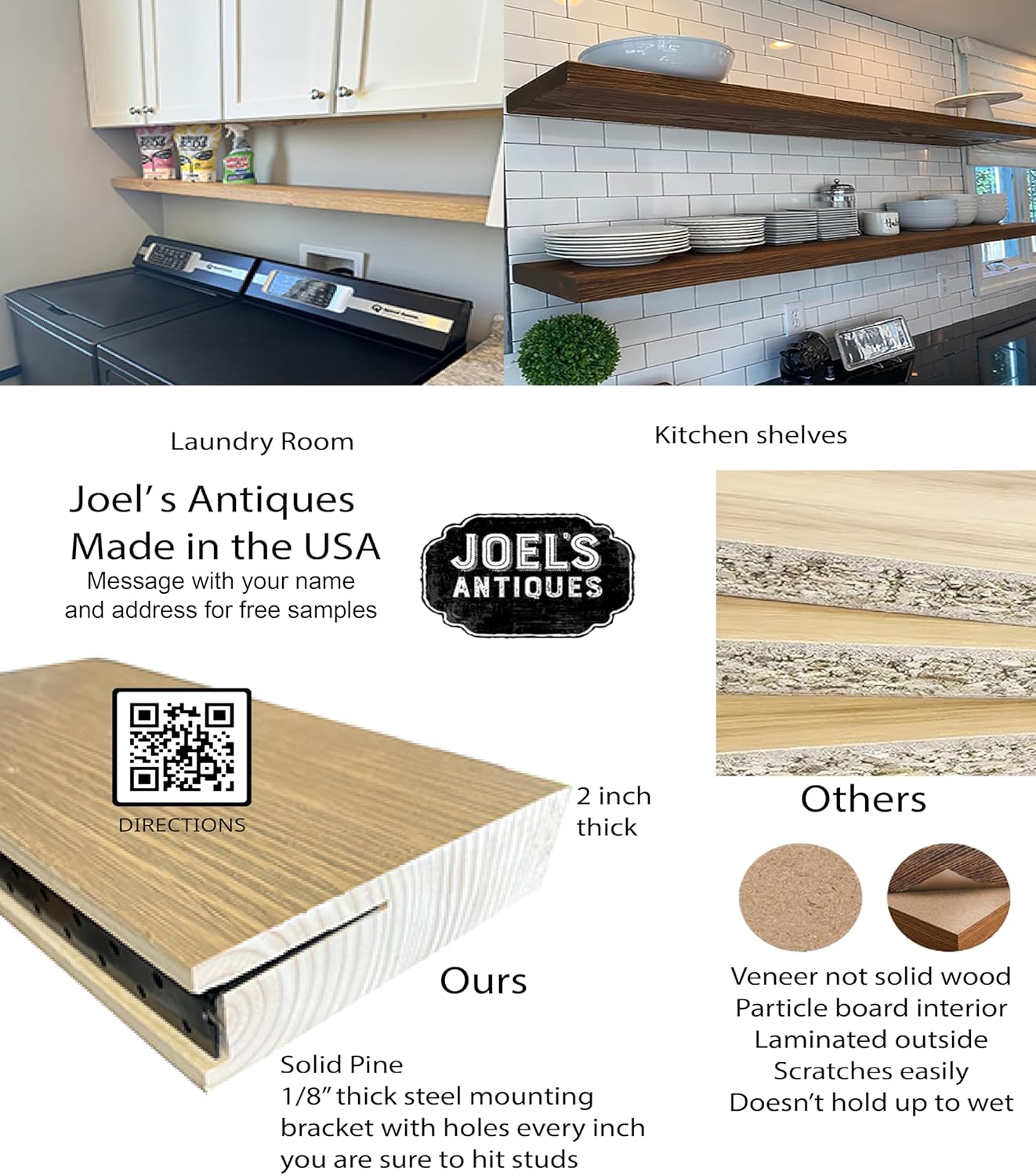 joelsantiques 36 Inch Wooden Floating Shelves for Wall - 36x8x2 in - Made of Natural Wood - Heavy Duty Rustic Wall Shelves for Bedroom - Perfect for Living Room, Kitchen - Grey
