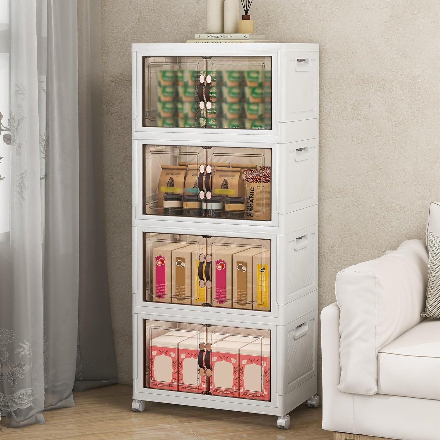 Storage Bins with Lids and Wheels, Collapsible Bathroom Storage Cabinet with Clear Doors, Plastic Stackable Closet Organizers and Storage Containers White 180 QT