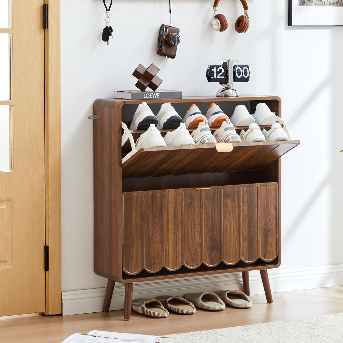 Shoe Storage Cabinet for Entryway with 2 Flip Drawers, Freestanding Narrow Wood Shoe Cabinet with Wave Panel, Hidden Shoe Organizer for Foyer, Hallway (Walnut)