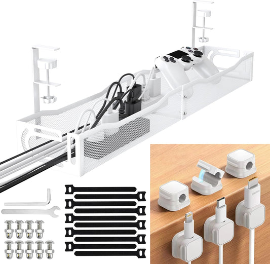 No Drill Under Desk Cable Management Tray, SONATURE 25.3" Cord Organizer for Table, Clamp Mount Desk Cable Management, Premium Carbon Steel Cable Organizer for Office, Home (White)