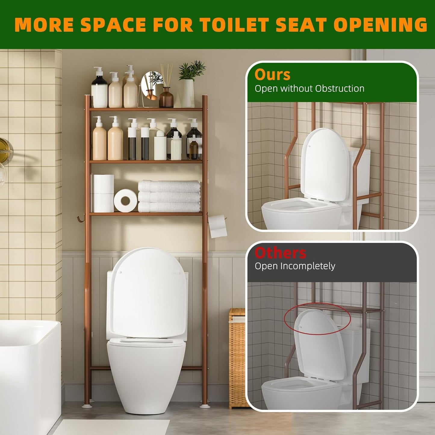 3-Tier Over The Toilet Storage, Space Saver Metal Bathroom Shelves, Freestanding Above Over Toilet Storage Shelf with 4 Hooks for Bathroom, Bronze