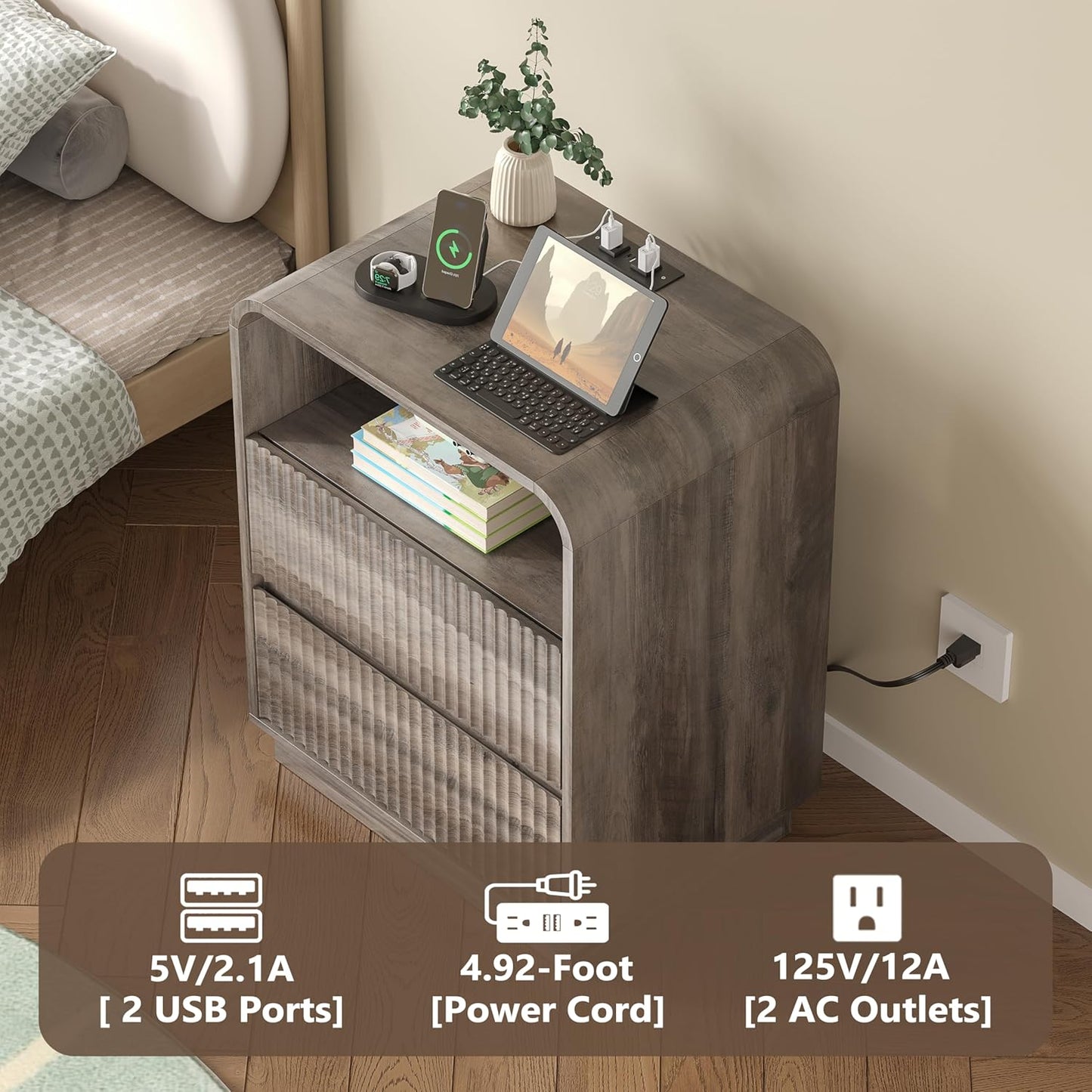 Dresser with 2 Drawers and Charging Station, Fluted Bedside Table with Round Curved Corner, Hidden Handles, 2 AC Outlets and 2 USB Ports, Modern Wood End Table with Open Shelf for Bedroom