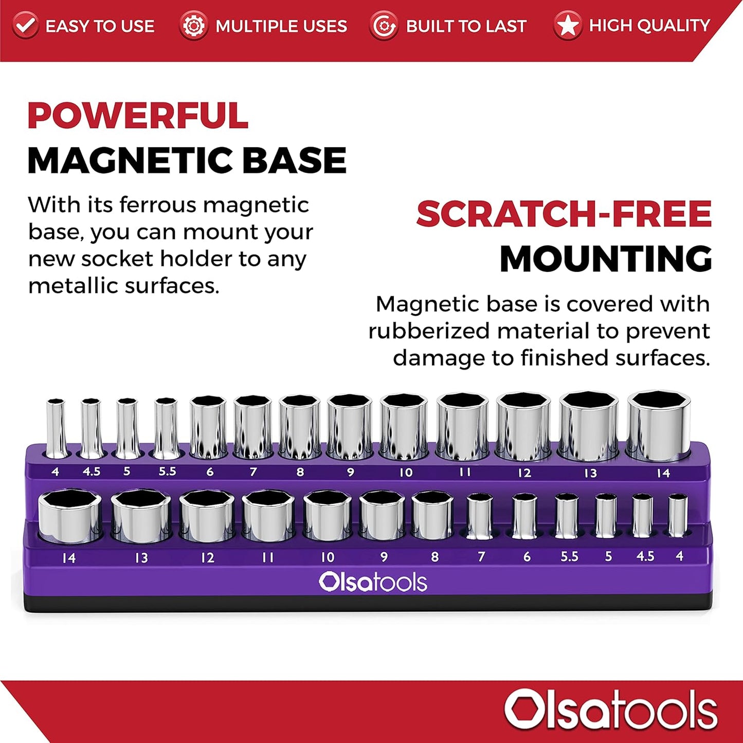 Olsa Tools Magnetic Socket Holder | 1/4-inch Drive | Metric | Purple | Holds 26 Sockets | Professional Quality Tools Organizer
