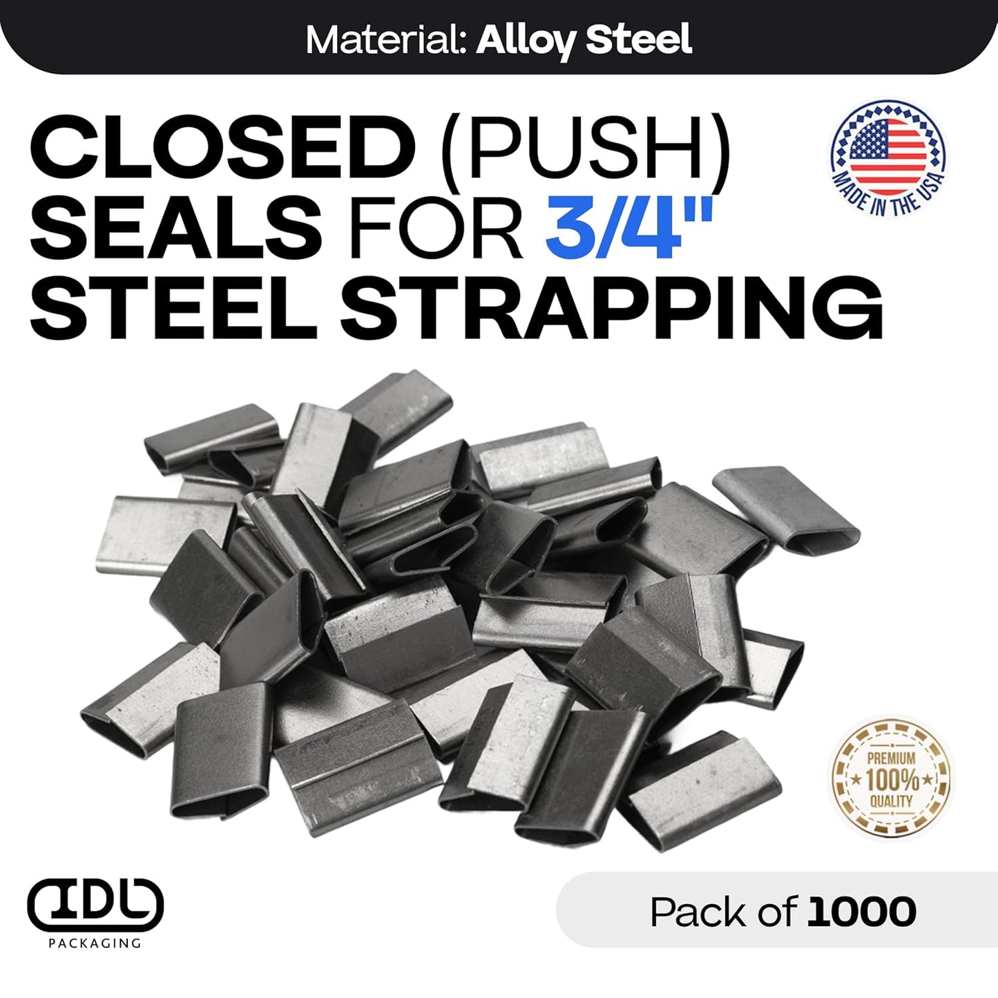 IDL Packaging Closed (Push Type) Seals for 3/4" Strap Width Steel Strapping (Pack of 1000) - Superior Holding Power - Sturdy Metal Clips for Reliable Securing of Packaging Banding