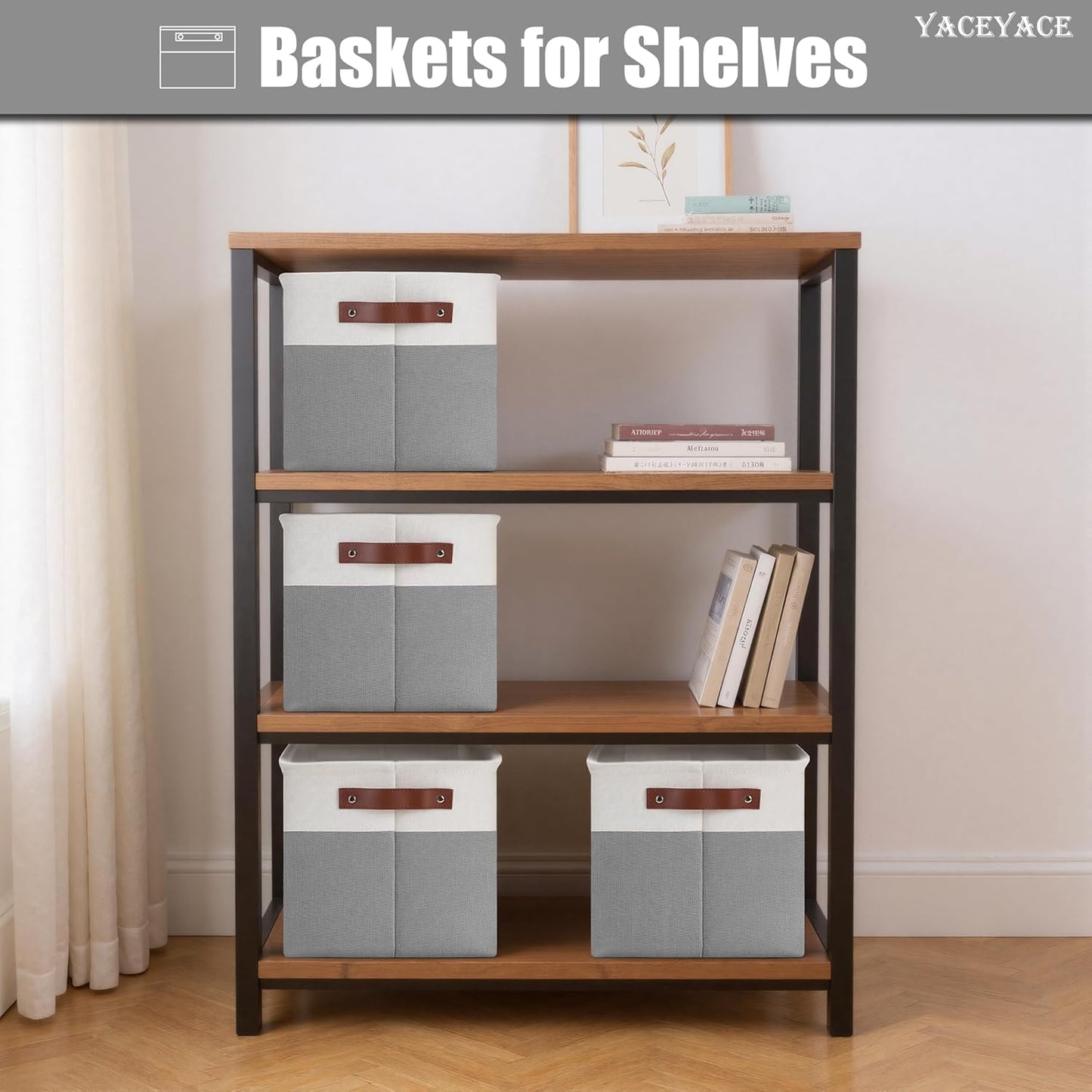 Blanket Basket Foldabel, 4 Pack 15"x11"x9.5" Storage Bins for Shelves, Linen Fabric Foldable Basket with Handles for Organizing, Decorative