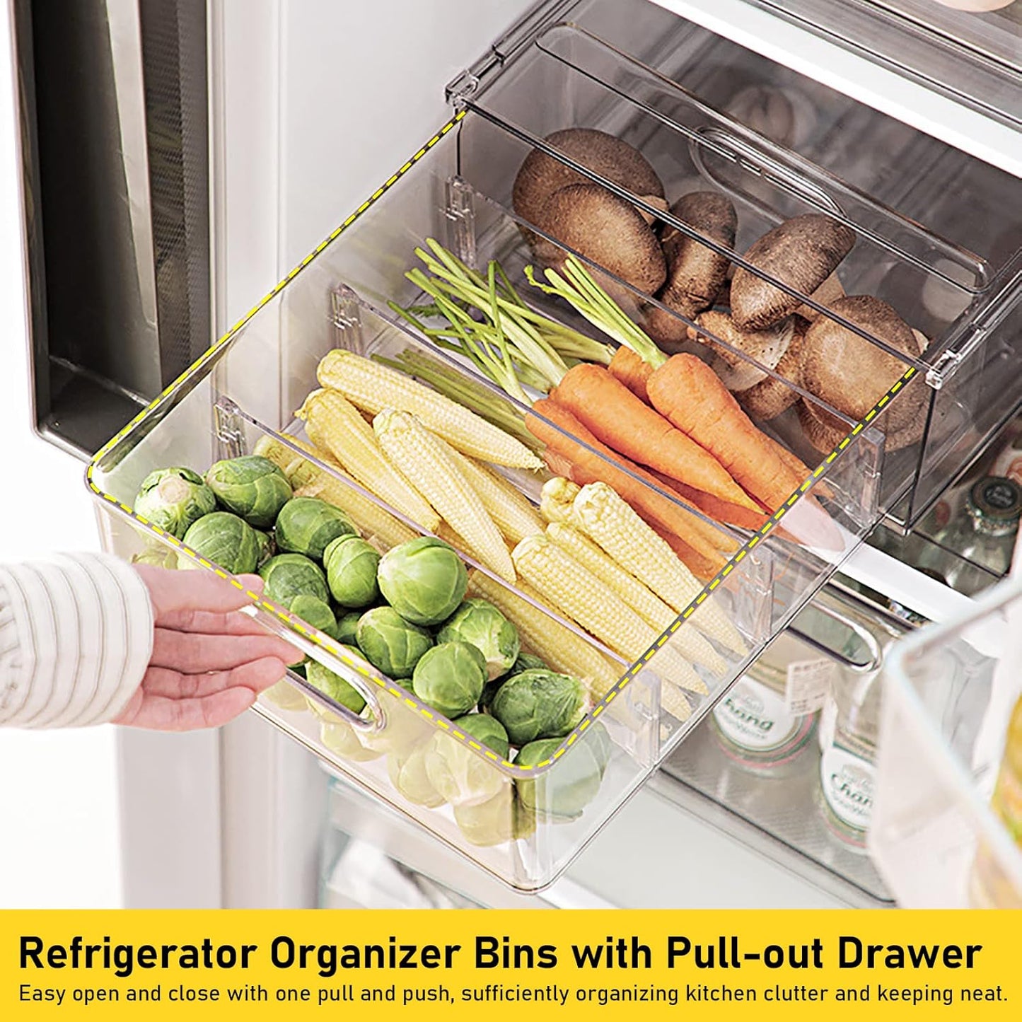 4 Pack Refrigerator Organizer Bins with Pull-out Drawer Stackable Clear Fridge Drawer Organizer Fruit Vegetable Storage Containers for Kitchen Pantry Organization (2 Large+2 Small)
