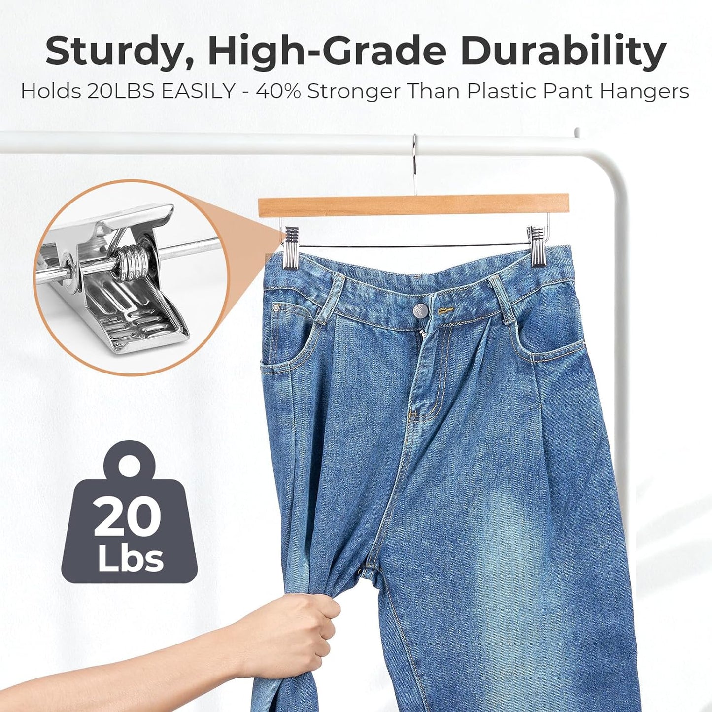 HOUSE DAY Premium Wooden Pants Hangers 15 Pack, Solid Lotus Wood Skirt Hangers with 2-Adjustable Clips, Heavy Duty & Anti Slip Wood Bottom Hanger for Slacks, Jeans, Trousers, Shorts (Natural)