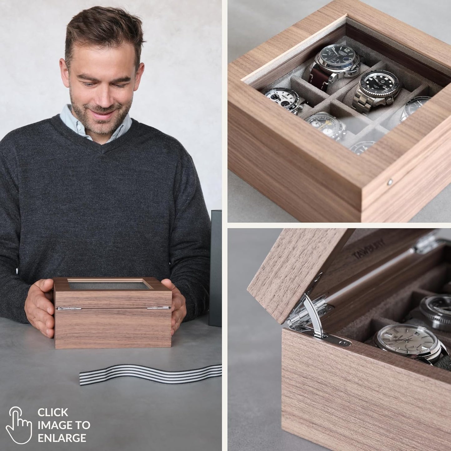 TAWBURY Wooden Watch Case - 6 Slot Wood Watch Box for Men & Women with Glass Display, Protective Fully Lined Interior and 2-inch Wide Pillows for Large Watches (Light Walnut)