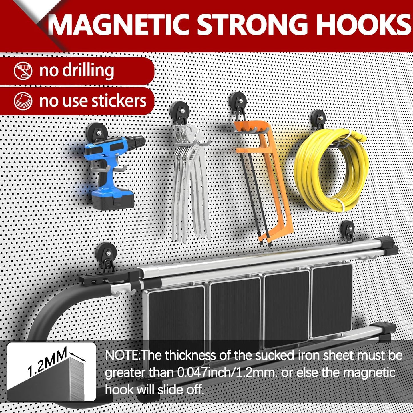 3-H Heavy Duty Magnet Garage Hooks 4 Pack, Extra Large Strong Magnetic Hooks for Hanging Cordless Power Drill, Utility Magnetic Tool Holder for Metal Cabinet, Steel Pegboard, Toolbox, Garage(Grey)