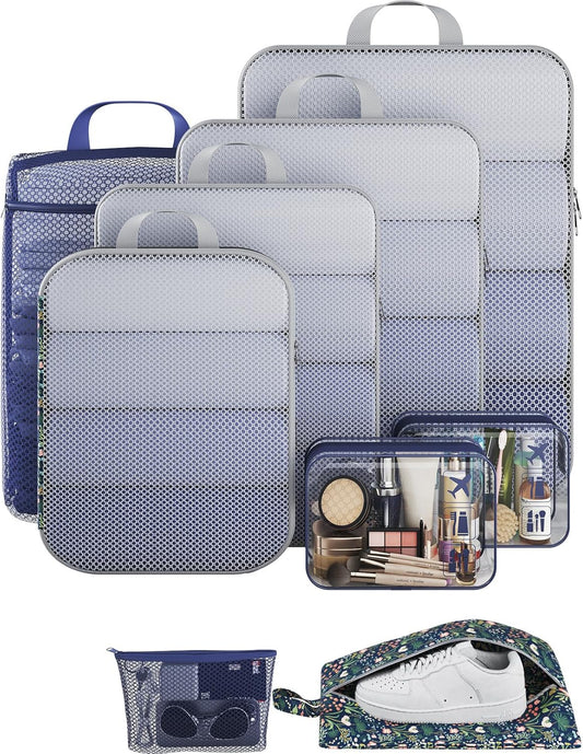 Veken 9/11 Set Compression Packing Cubes for Travel Essentials,Compressible Expandable Large Luggage Suitcase Organizer Bags for Clothing,Durable Space Saver Storage Bags(Dark Blue Floral)