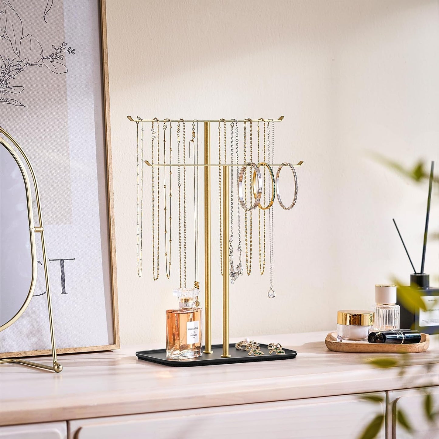 pickpiff Necklace Holder Jewelry Organizer Stand – 2‑Tier T‑Bar Jewelry Display Tree with Tray for Countertop Necklace Bracelet Earring Storage, Vanity Dresser Bathroom Sink, Black-Gold