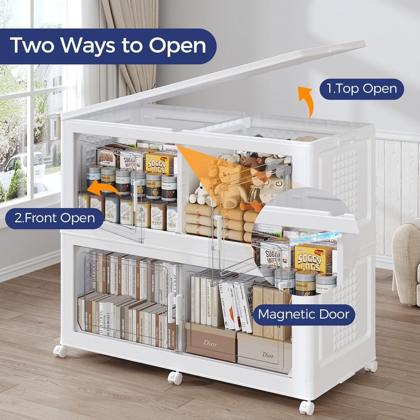 200Gal Stackable Storage Bins with Lid, 800Qt Extra Large Collapsible Storage Box with Wheels, Dividers, Folding Plastic Cabinet Closet Organizers for Home Kitchen Office Dorm, 5Pack White