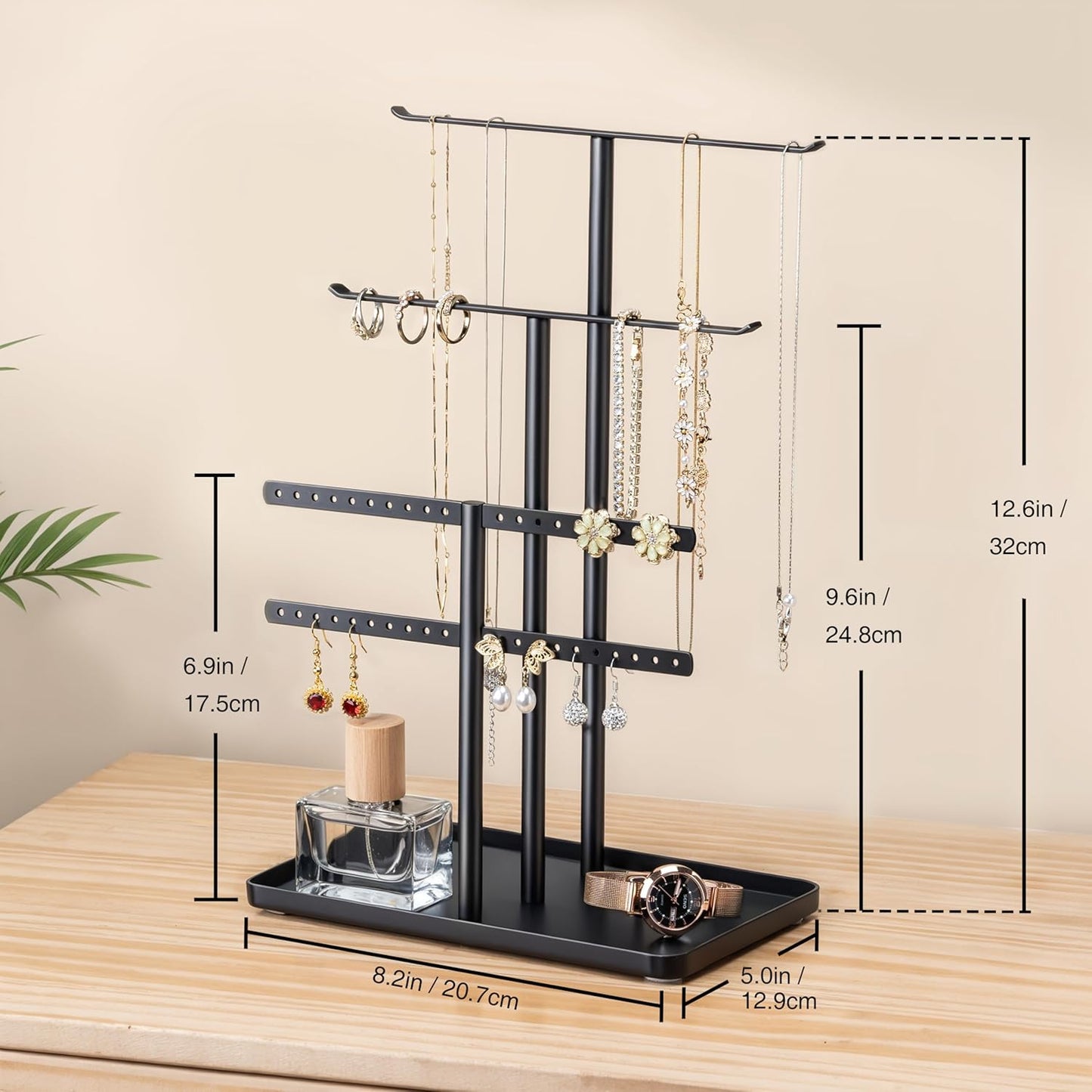 pickpiff Jewelry Stand Organizer, 12.5" Tall Sturdy Metal, 3-Tier Jewelry Holder for Necklace, Earring, Bracelet, Ring, Hanger for Display and Storage, Aesthetic Room Decor, Black