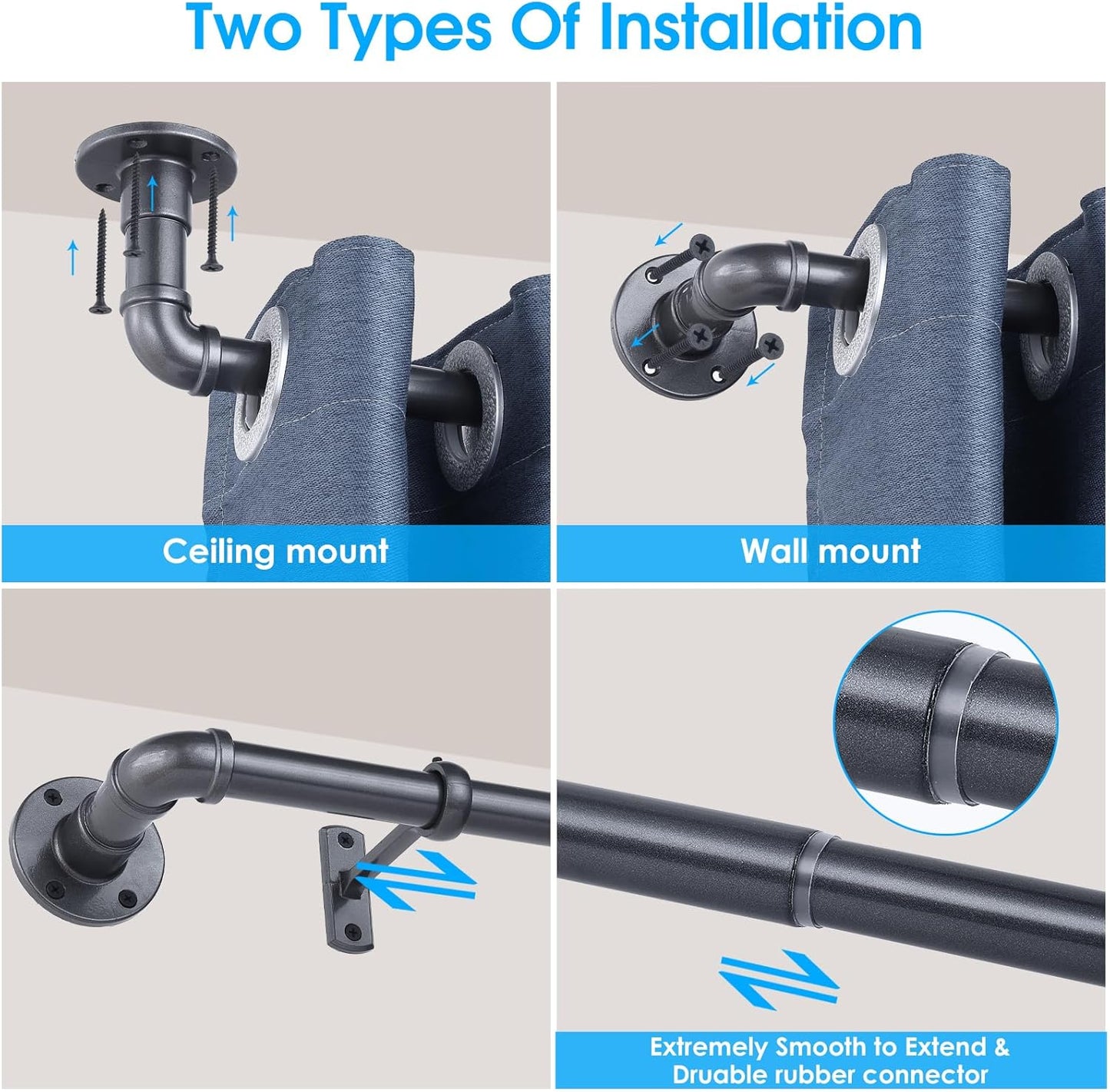 Industrial Curtain Rod Set with Brackets, 1 inch, Grey, 168-240" Outdoor Hanging Curtain Rod for Windows