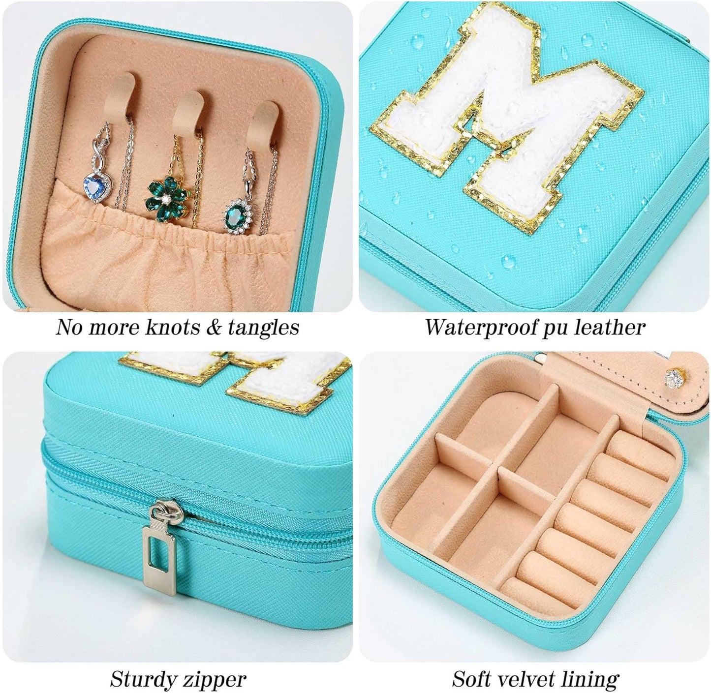 Parima Gifts for Mom - Small Travel Jewelry Box, Travel Jewelry Case with Mirror for Necklace Earrings Rings Organizer | Birthday Gifts Christmas Travel Gifts for Mom - Letter F, Aqua Blue