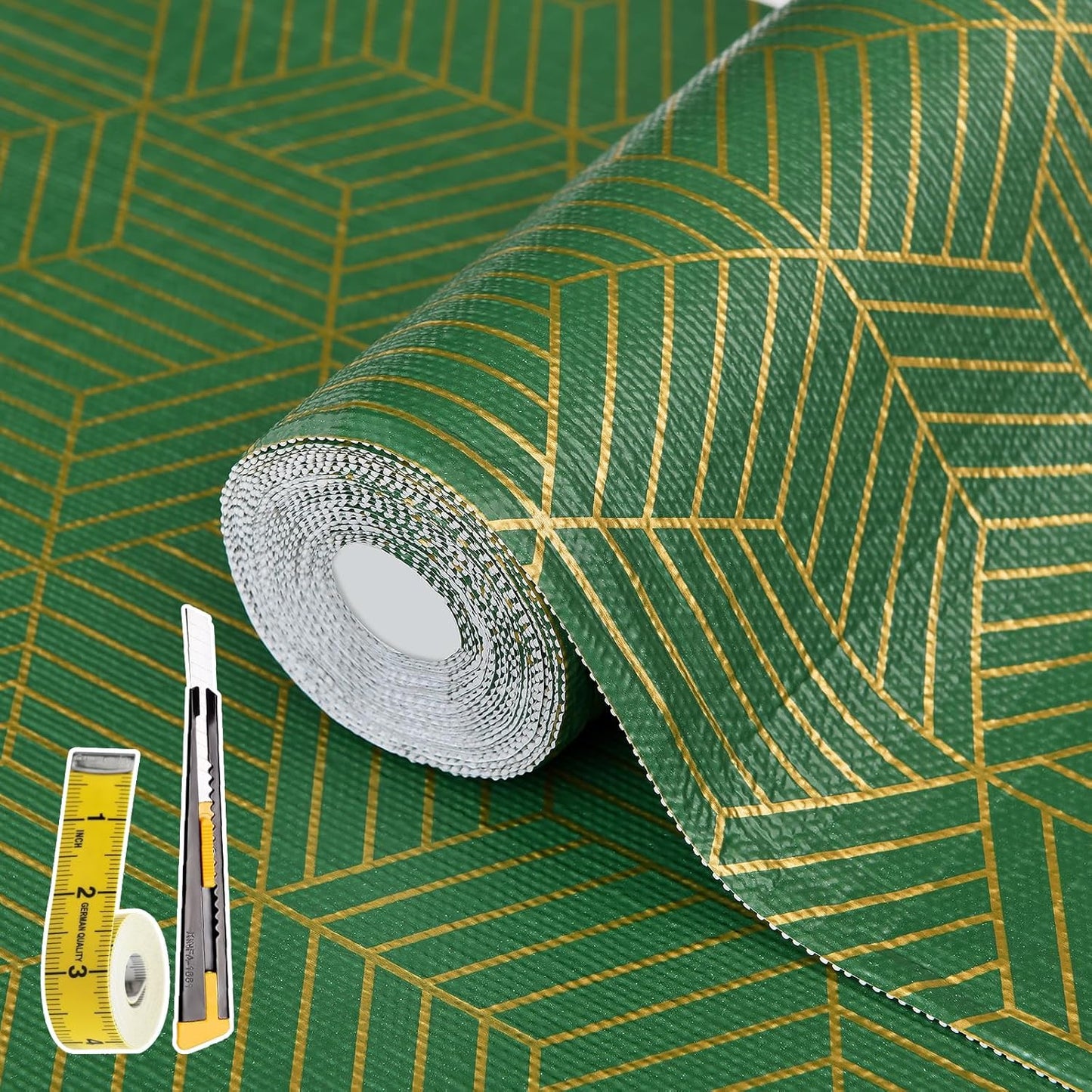 Shelf Liners for Kitchen Cabinets 17.5in x 30FT, Non Adhesive Cabinet Liner Strong Non-Slip Thickened Gold Green Geometric Drawer Liner, Easy to Clean for Shelf, Cabinet with Knife and Tape Measure