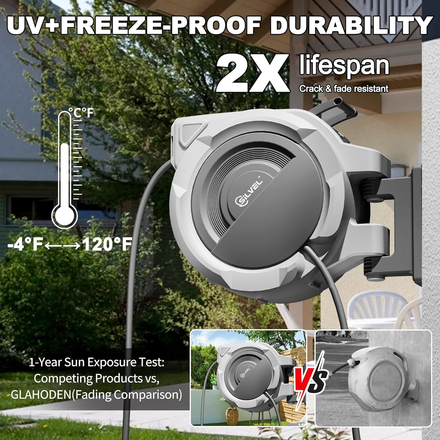 SILVEL Retractable Garden Hose Reel – 5/8 in x 110FT Heavy Duty Automatic Hose Reel Wall Mounted, Upgraded UV Resistant with 10 Pattern Nozzle, Any Length Lock & Slow Return System, 180°Swivel Bracket