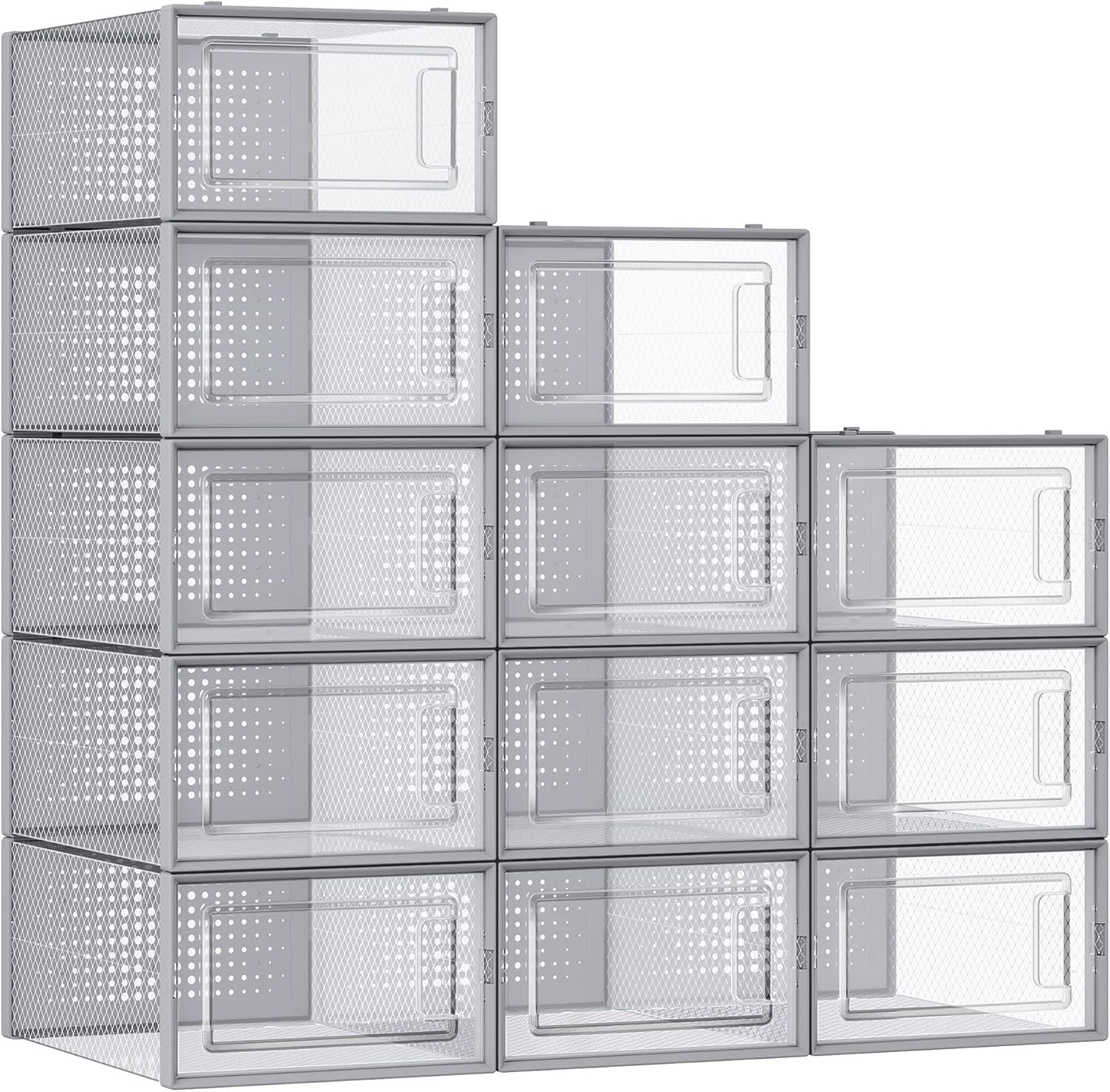 SONGMICS Shoe Boxes, Pack of 12 Shoe Storage Organizers, Stackable Clear Plastic Boxes for Closet, Sneakers, 13.1 x 9.1 x 5.6 Inches, Transparent and Gray ULSP006G12