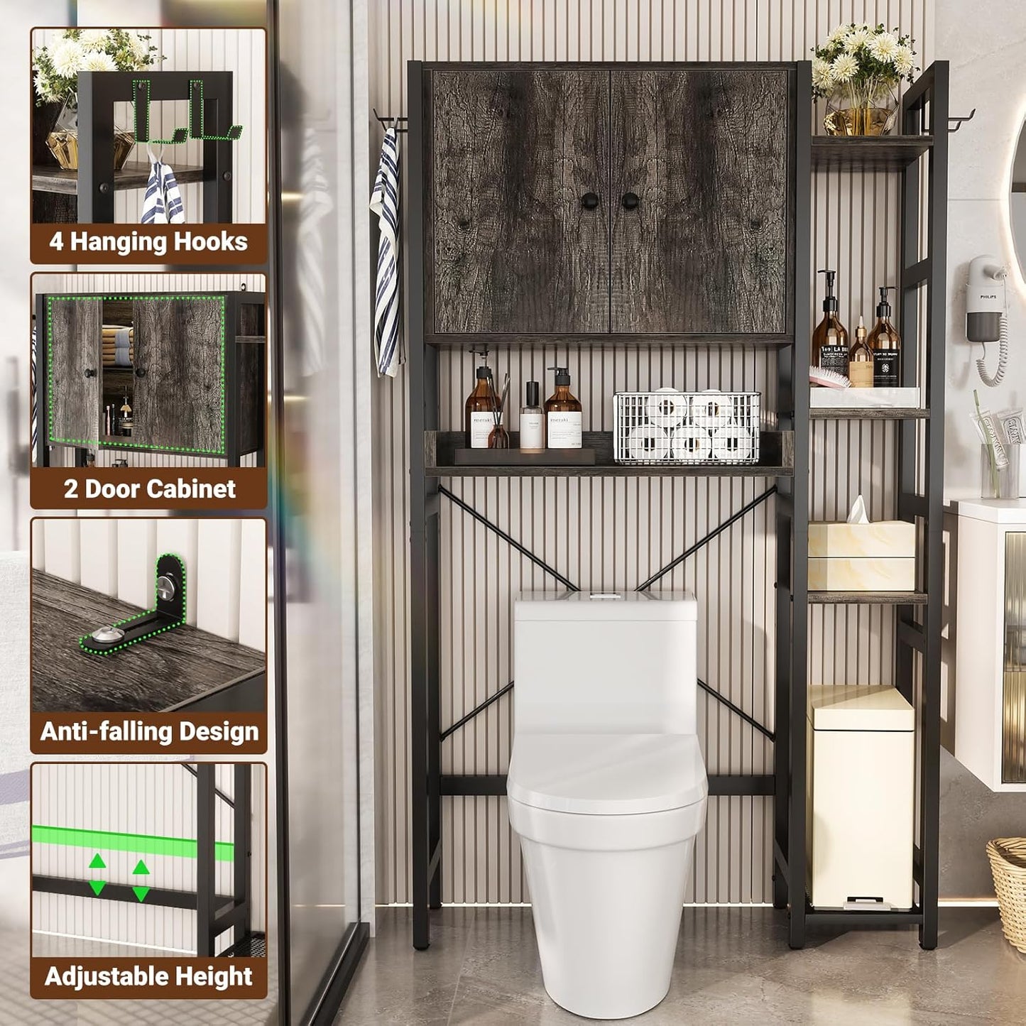 Over The Toilet Storage Cabinet with Doors - 7 Tier Bathroom Organizer with Adjustable Shelf, Freestanding Space Saver Rack Above Toilet Stand with 4 Hooks for Bathroom, Restroom, Laundry, Grey Oak