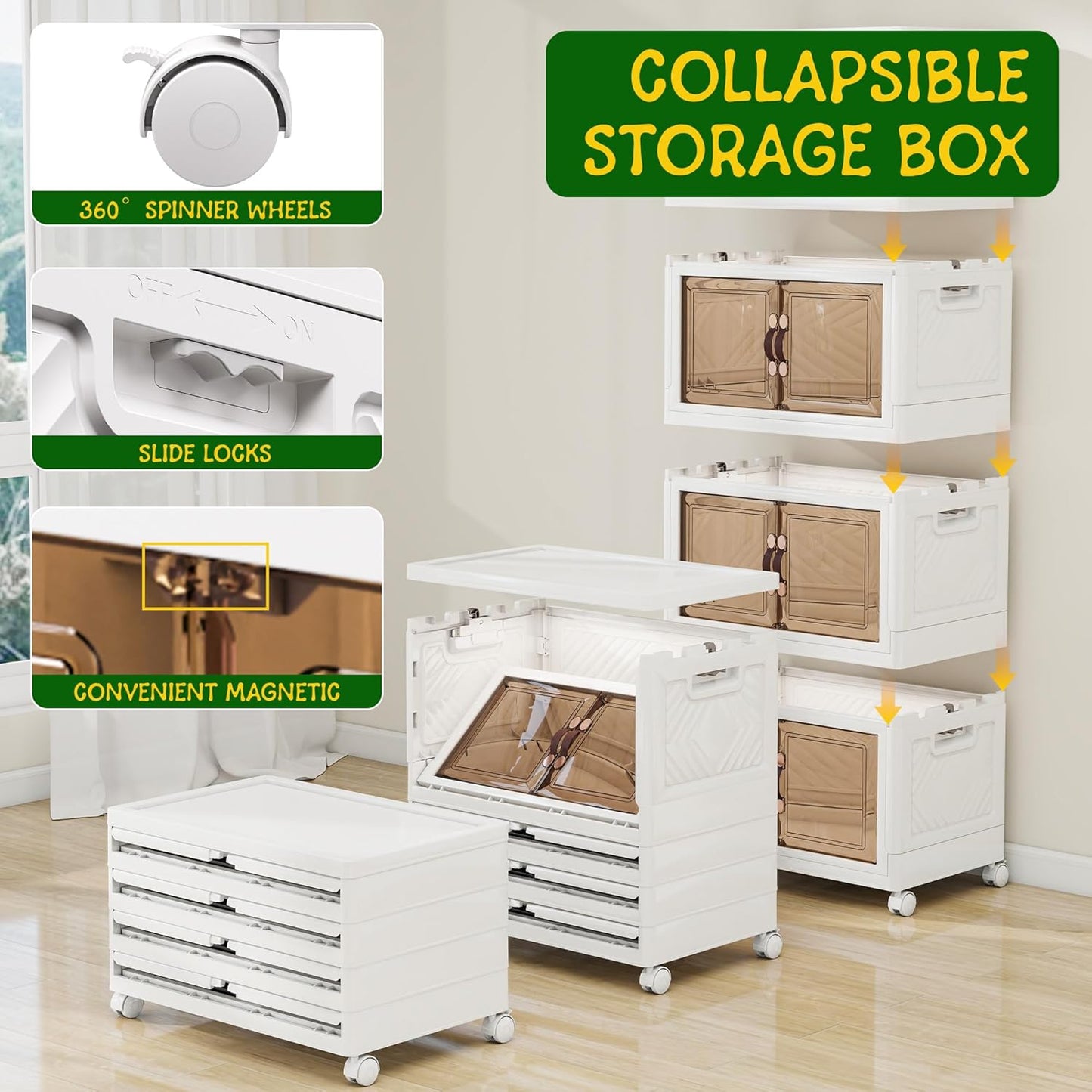 Storage Bins with Lids and Wheels, Collapsible Bathroom Storage Cabinet with Clear Doors, Plastic Stackable Closet Organizers and Storage Containers White 398 QT
