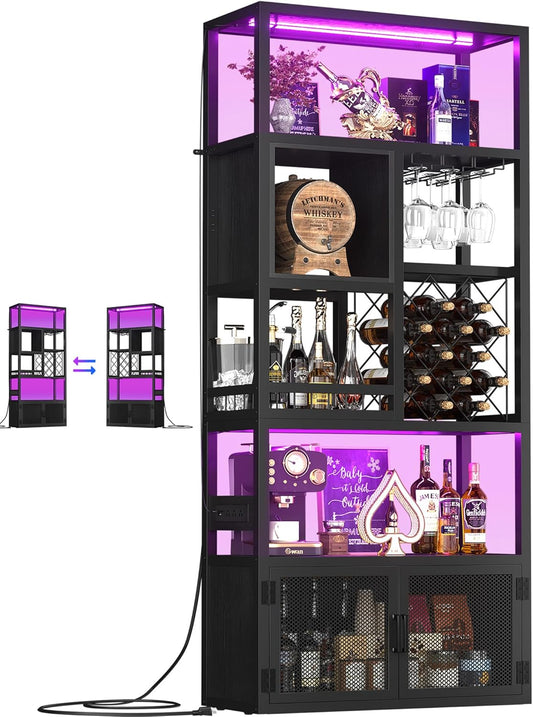 82.6" Tall Bar Cabinet with Power Outlets, 6-Tiers Reversible Wine Cabinet with LED Lights, Glass Holder & Wine Rack, Liquor Storage Cabinet Coffee Bar Unit Station for Dining Living Room, Black