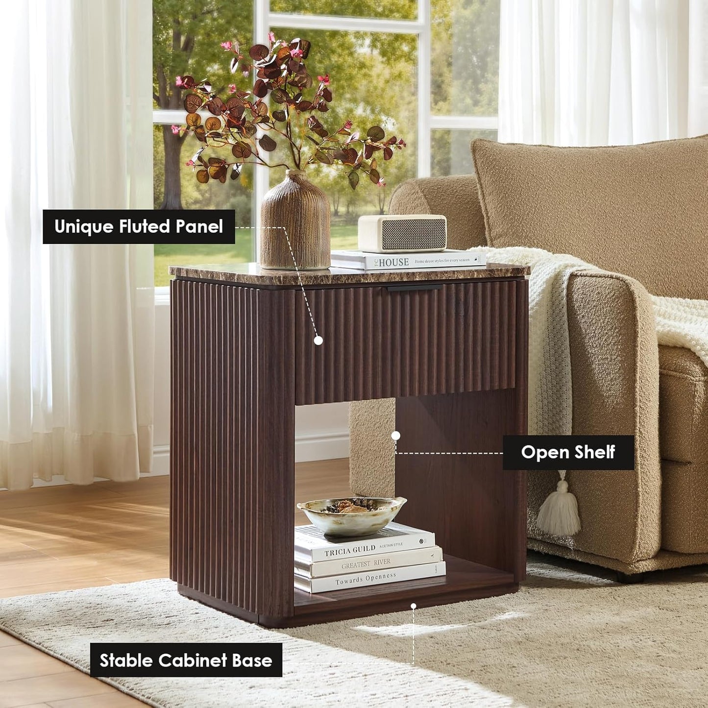 Fluted Nightstand Set of 2, Bedside Table with Faux Marble-Top, Engineered Wood Side Table with Drawer Open Shelf, Curved Corners, Modern Night Stand for Bedroom, Small Spaces, Dark Oak