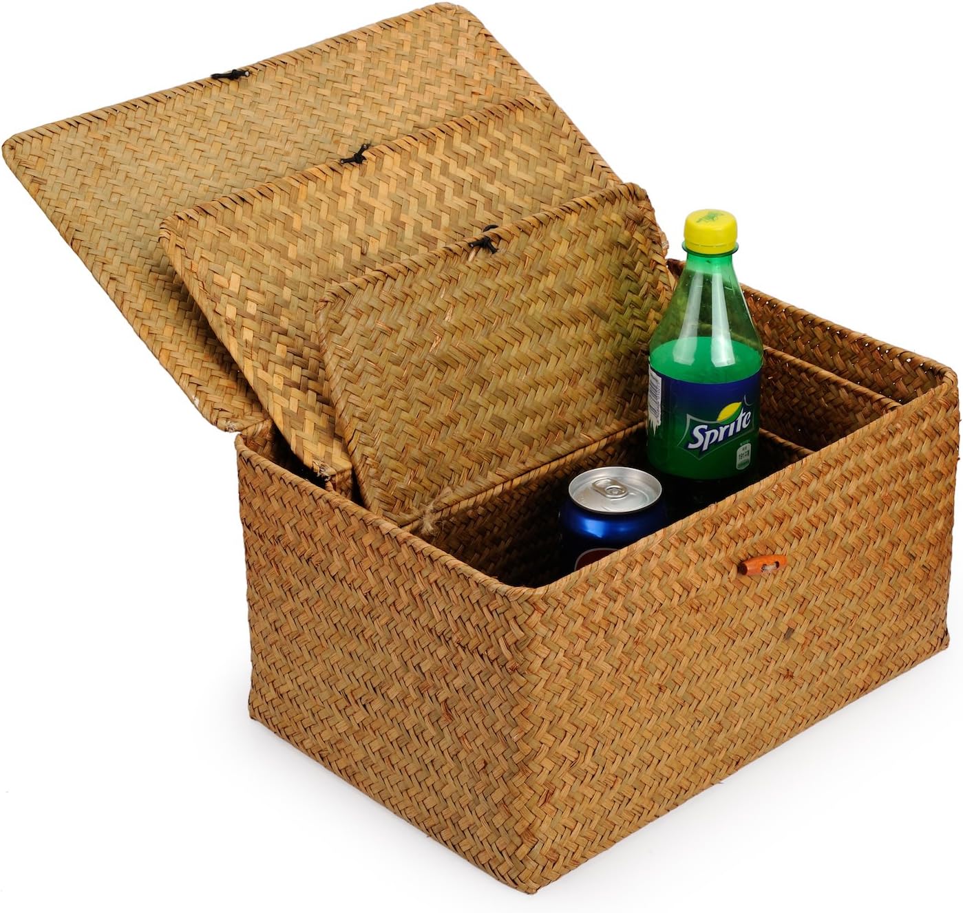 DOKOT Rectangular Handwoven Seagrass Storage Basket with Lid for Shelves and Home Organizer Bin, (M (12"x7"x6"H), Brown)