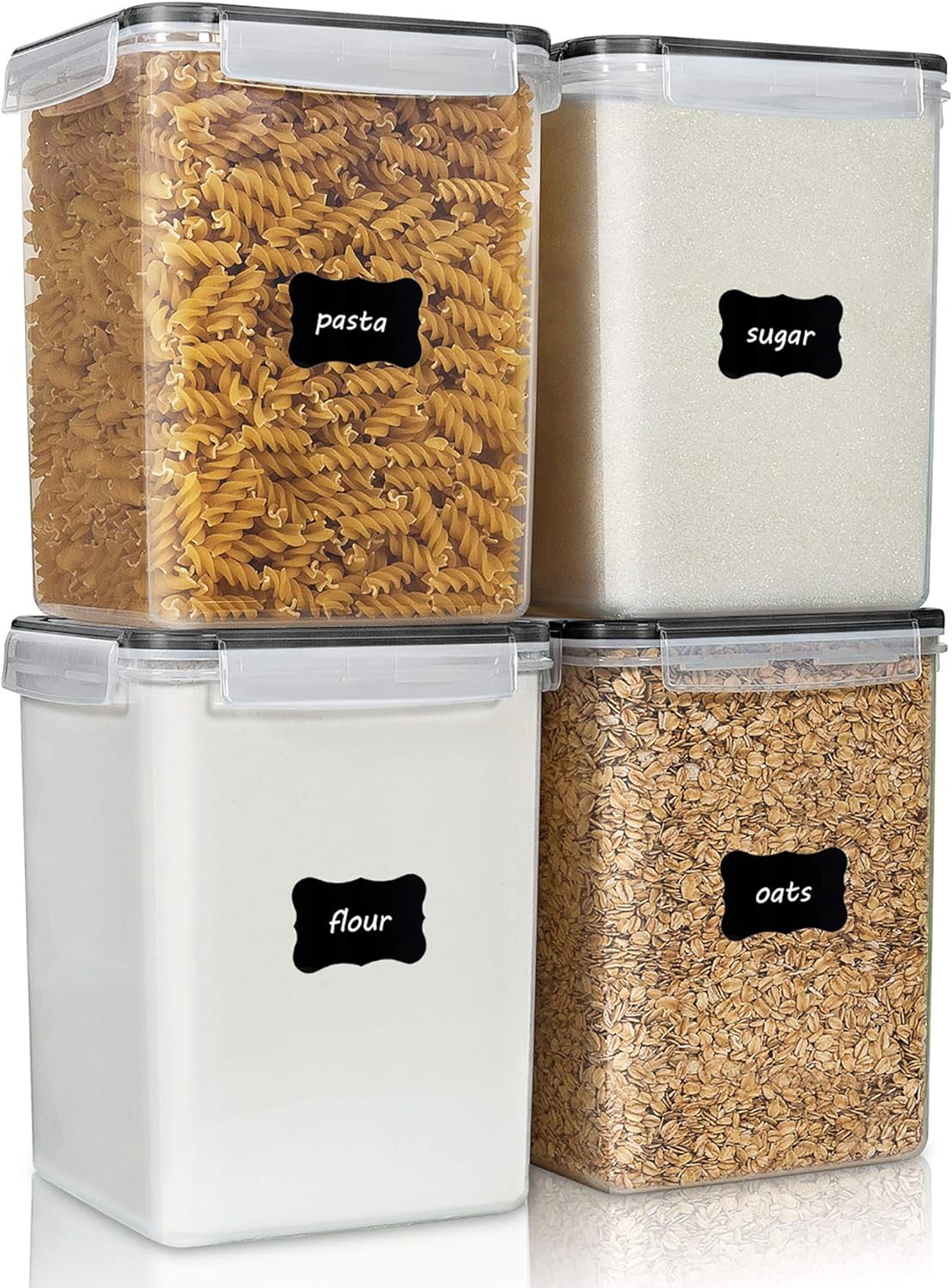 Vtopmart 4 PCS Large Food Storage Containers 5.2L / 175oz, 4 Pieces BPA Free Plastic Airtight Canisters for Flour, Sugar, Baking Supplies, Rice with Lids, 4 Measuring Cups and 24 Labels, Black
