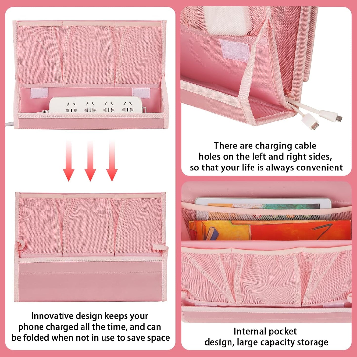 Bedside Caddy Bedside Storage Organizer Bedside Organizer with Power Strip Holder and 2 Adjustable Straps for Home Bunk Bed Dorm Sofa (Pink)