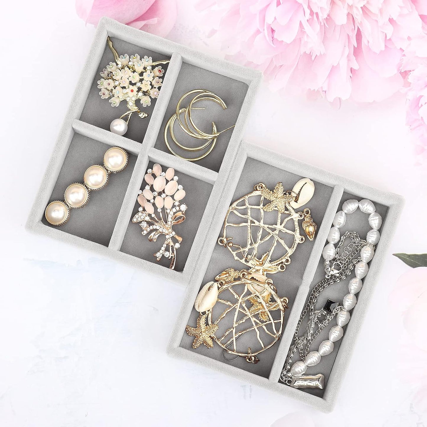 DesignSter Small Jewelry Tray, 2PCS Ring Organizer, Velvet Jewelry Display Tray, Stackable Jewelry Organizer Trays, Jewelry Drawer Organizer Inserts For Dresser, Jewelry Box (Gray)