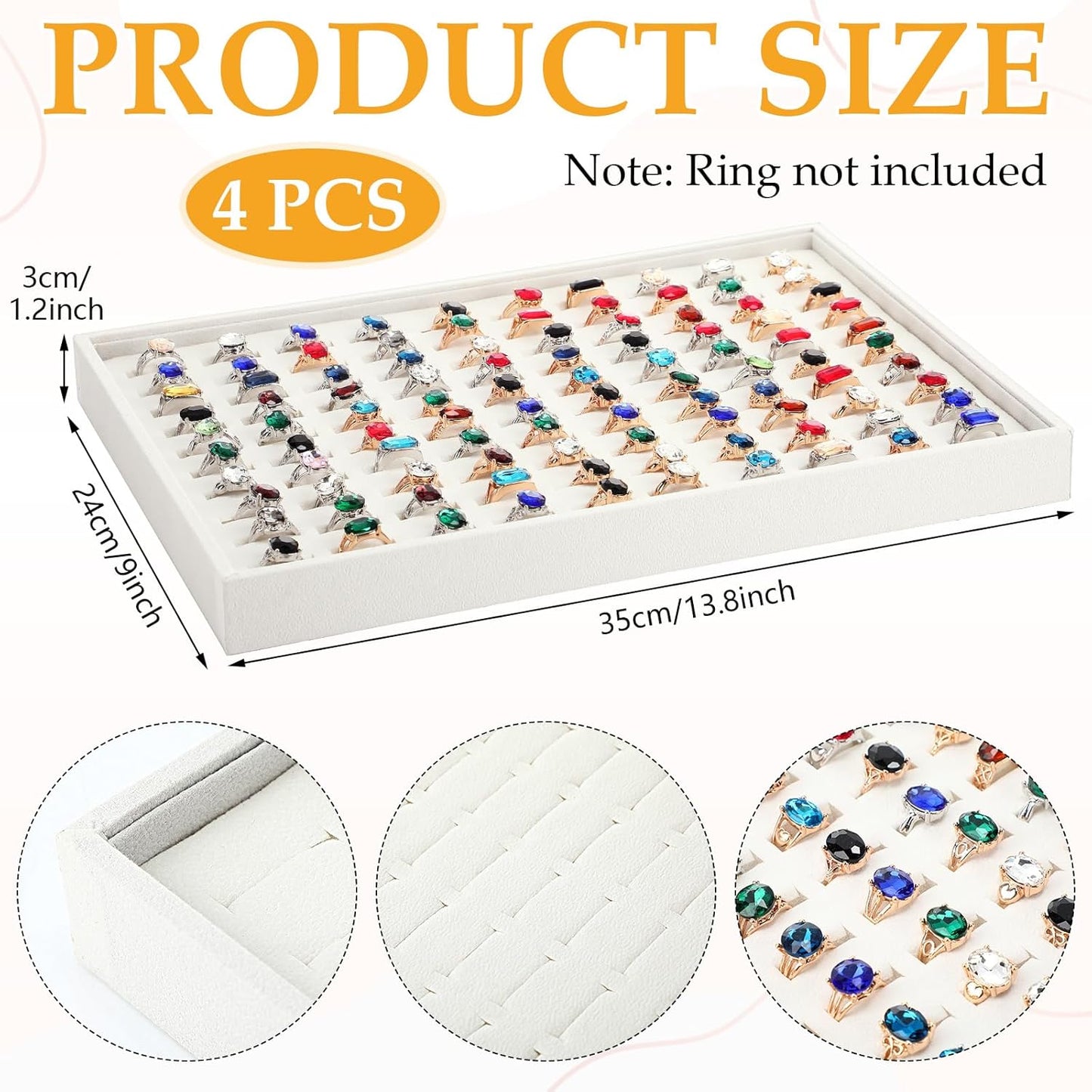 Wenqik 4 Pcs Cardboard Ring Holder with Velvet Lining, 100 Slot Inserts Stackable Ring Display Tray,13.8 x 9.4 x 1.2 inch (Beige)