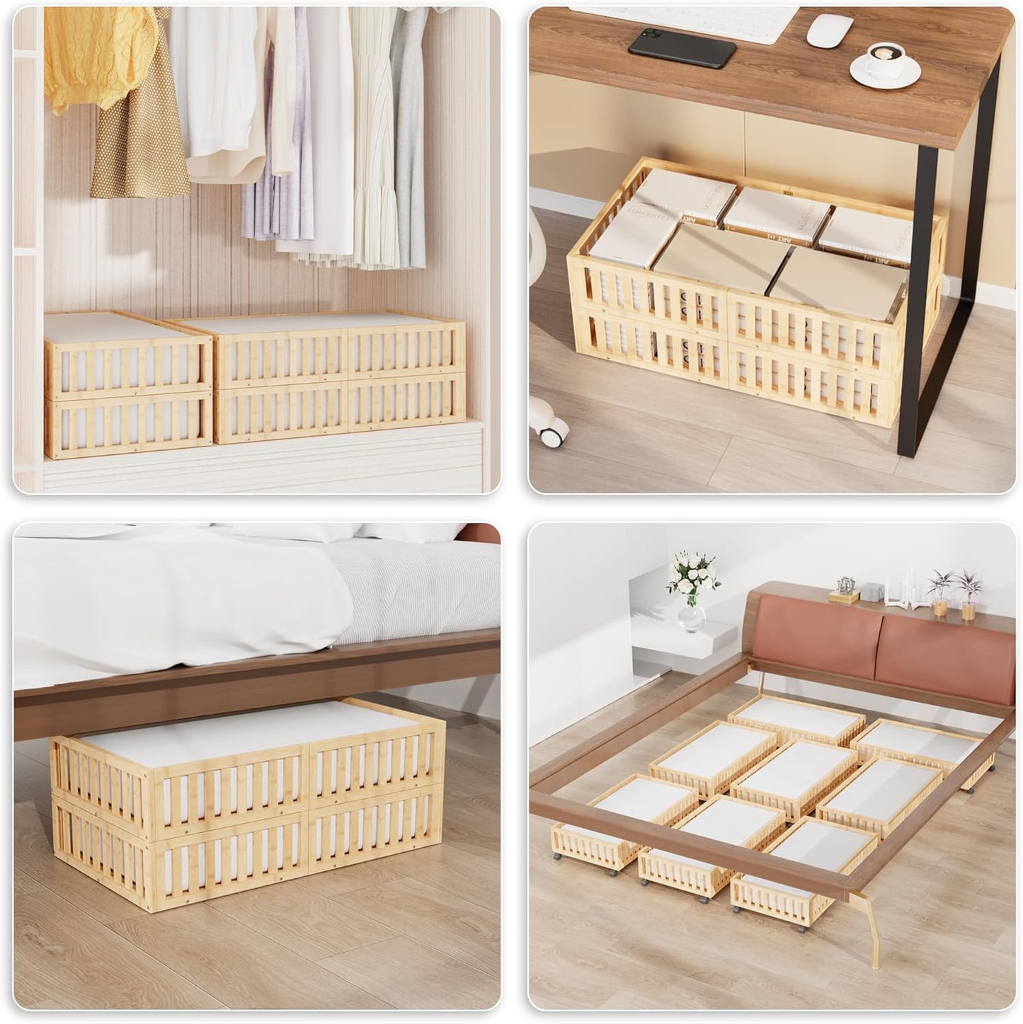 Bamboo Under Bed Storage with Wheels,Rolling Underbed Shoe Organizer Box for Shoes,Blankets,Toys,Clothes Container Space-Saving Bins for Bedroom,Closet,Dorm,Nursery