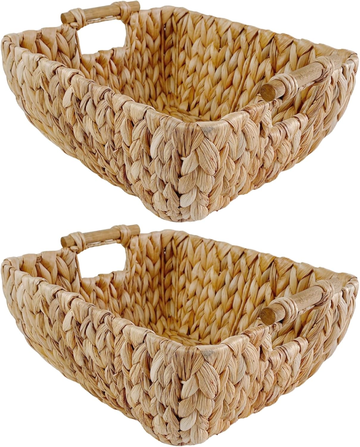 Large Rectangular Handwoven Wicker Basket - Water Hyacinth Storage Baskets with 2 Polished Wooden Handles for Store Hand Towels, Fruits & Veggies etc - 13.25"x12"x6.25" - Pack of 2 - Natural