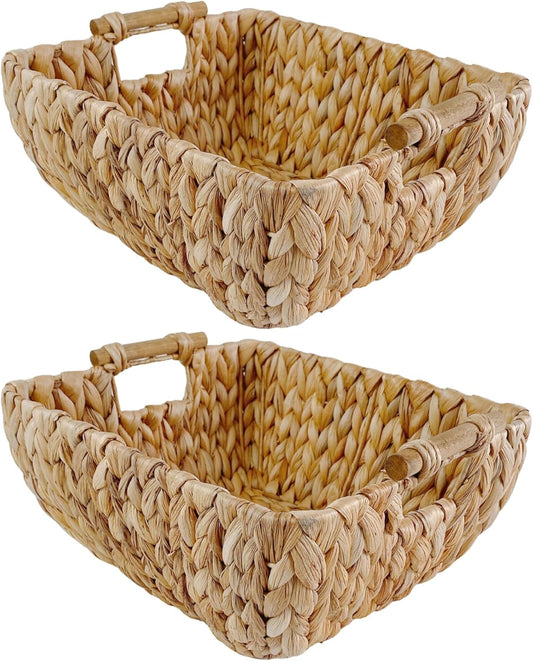 Small Rectangular Handwoven Wicker Basket - Water Hyacinth Storage Baskets with 2 Polished Wooden Handles for Store Hand Towel, Fruits & Veggies etc – 12.25"x7"x4.75" - Pack of 2 - Natural