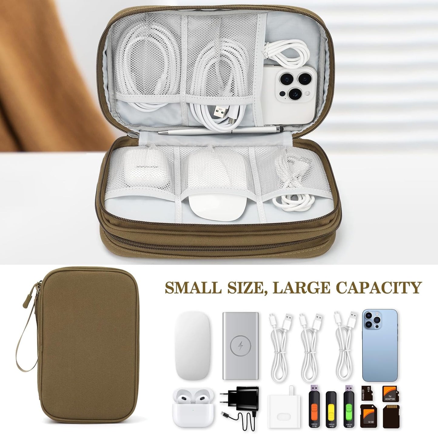 FYY Electronic Organizer, Large Travel Cable Organizer Bag Pouch Electronic Accessories Carry Case Portable Waterproof Double Layers All-in-One Storage Bag for Cable, Cord, Charger, Phone, Brown