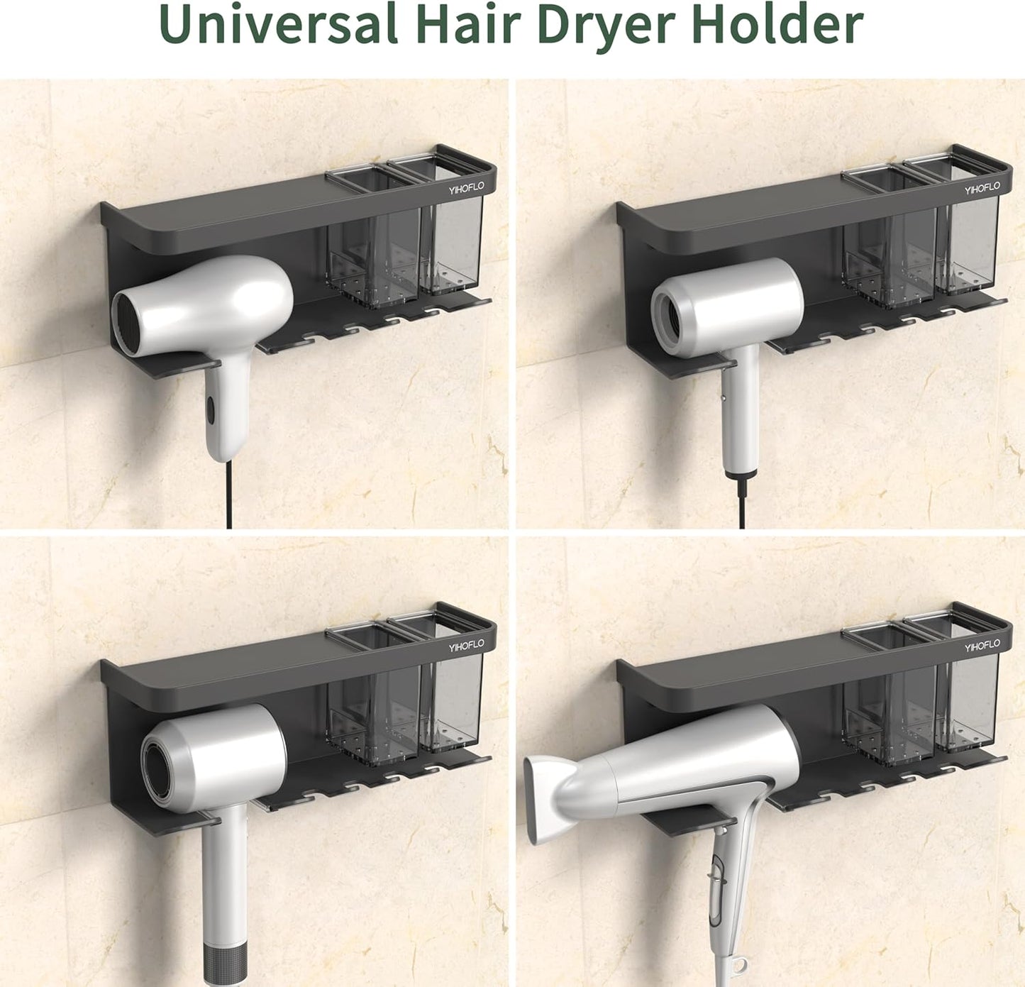Hair Dryer Holder Wall Mounted Adhesive/Drilling, Hair Dryer Storage Organizer with Shelf & Hooks for Bathroom, Blow Dryer Holder, Hair Tool Organizer (Grey)