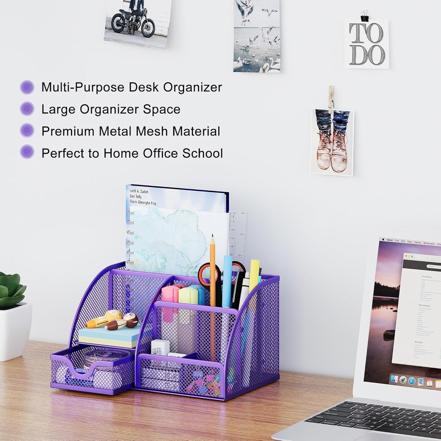 EasyPAG Mesh Desk Organizer with Drawer Multi-functional Pen Holder Stationery Organizer for Office School Supplies 6 Compartments Dorm Organizers and Storage for Desk, Purple