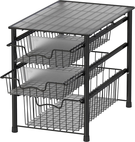 Simple Houseware 3-Tier Stackable Sliding Basket Storage Organizer Drawer for Bathroom and Kitchen, Black