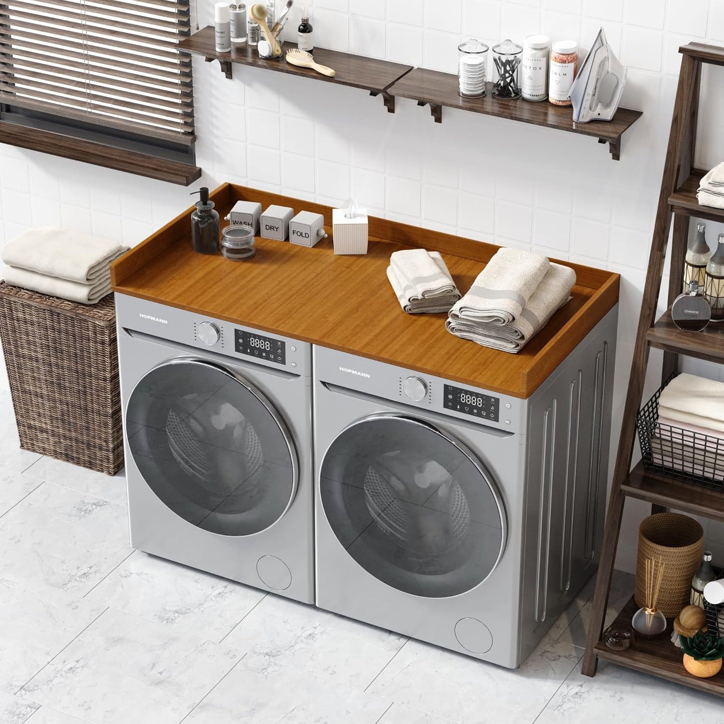 OfficeSimpli Washer Dryer Countertop, Made in USA, Non-Slip Pads, Easy Clean, Laundry Room Essentials and Decor, Washer Dryer Wood Top for Organization (Cafe Latte, Standard (27.5" x 54"))