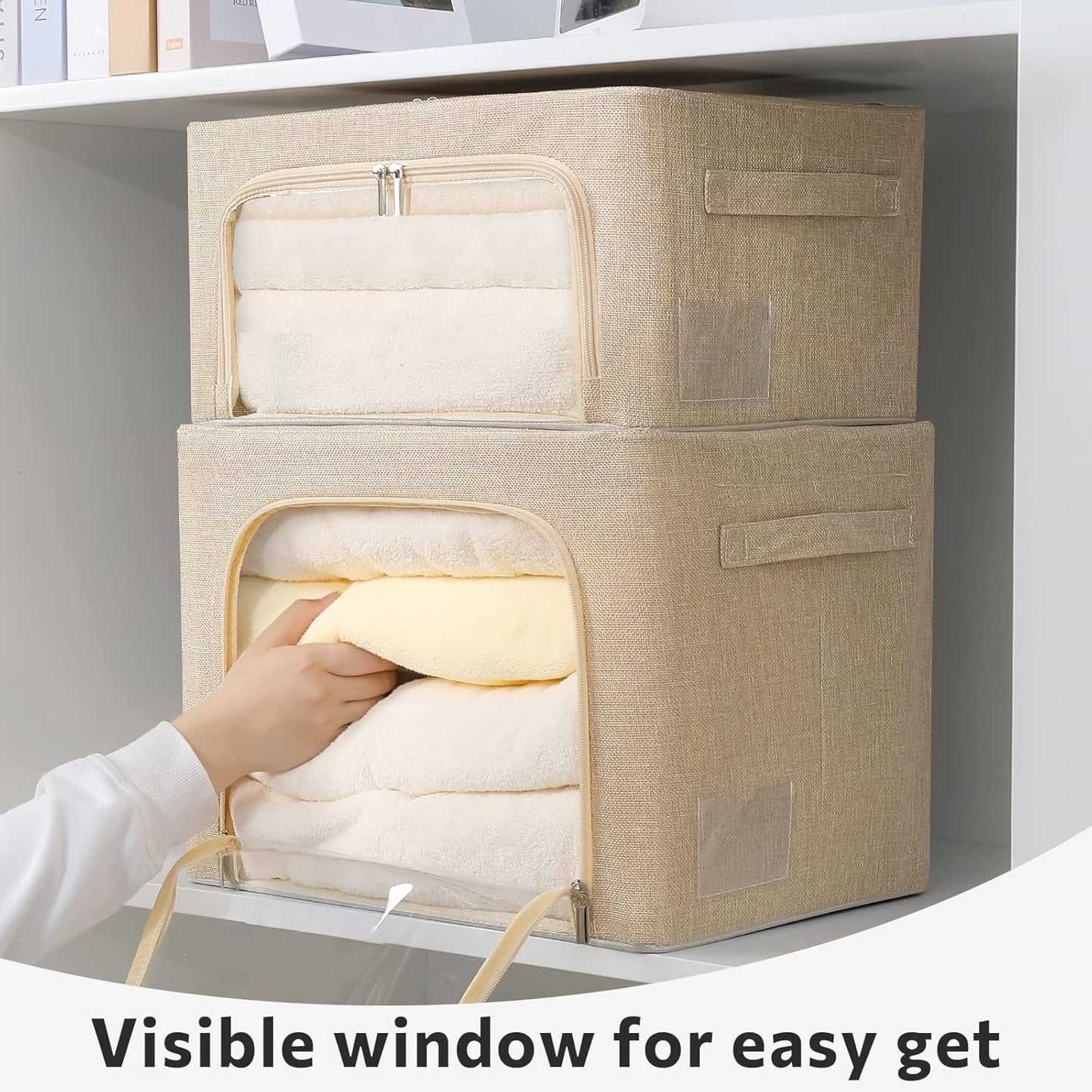 FHSQX 2 Pack Clothes Storage Bins Stackable Metal Frame Storage Box Foldable Linen Fabric Box Organizer with Carrying Handles and Clear Window (Beige, 15.7x 11.8x 11.7 Inch)